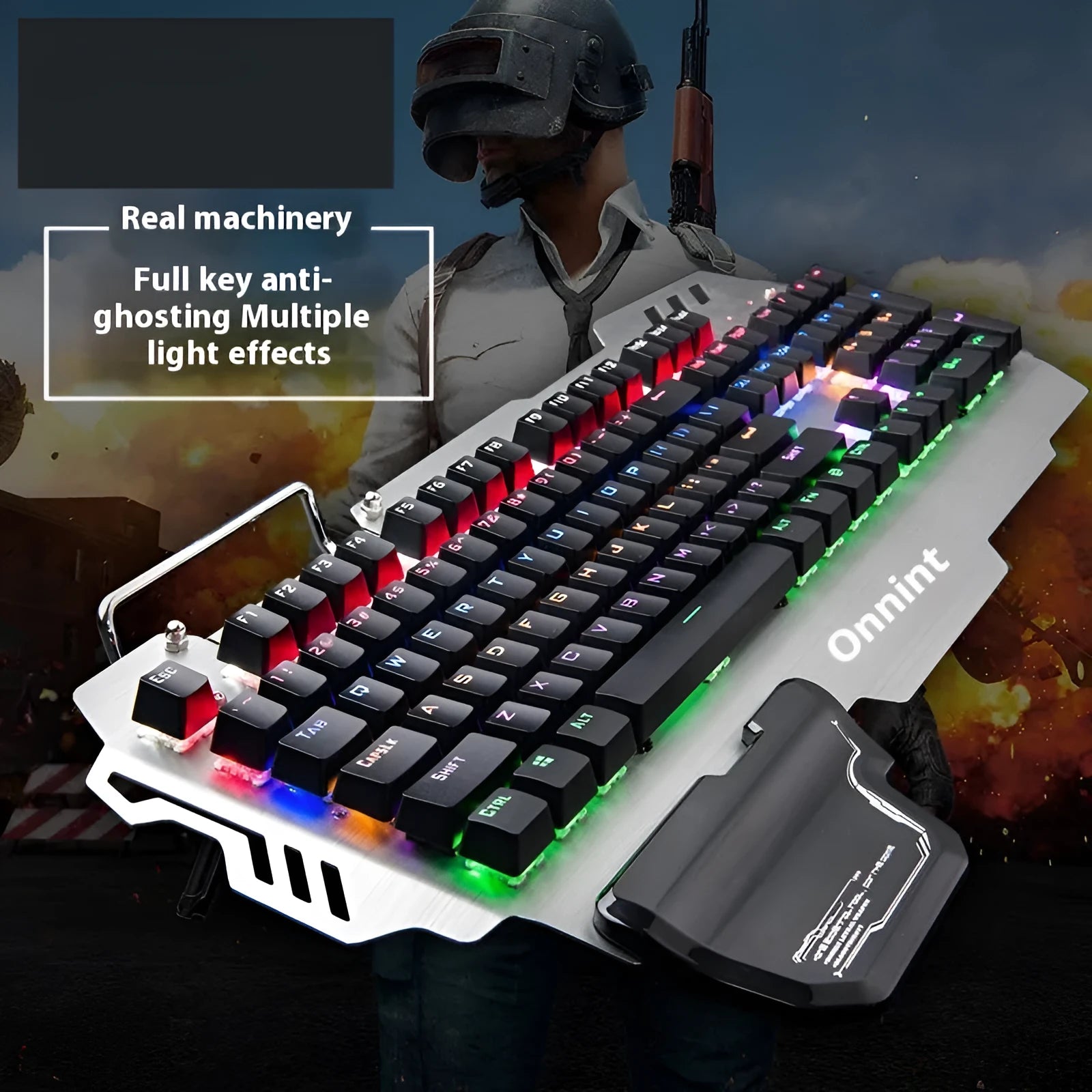 Silver Green Axis wired gaming keyboard with metal panel and wrist splint on desktop