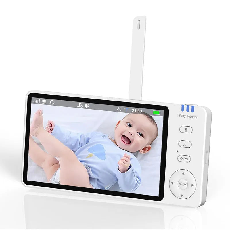 White HD wireless baby monitor with 5.0-inch LCD screen and camera on a nursery shelf
