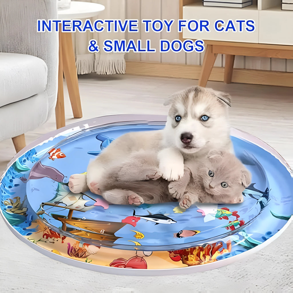 Blue round cat water mat with ocean fish floating toys and inflator, 90cm diameter