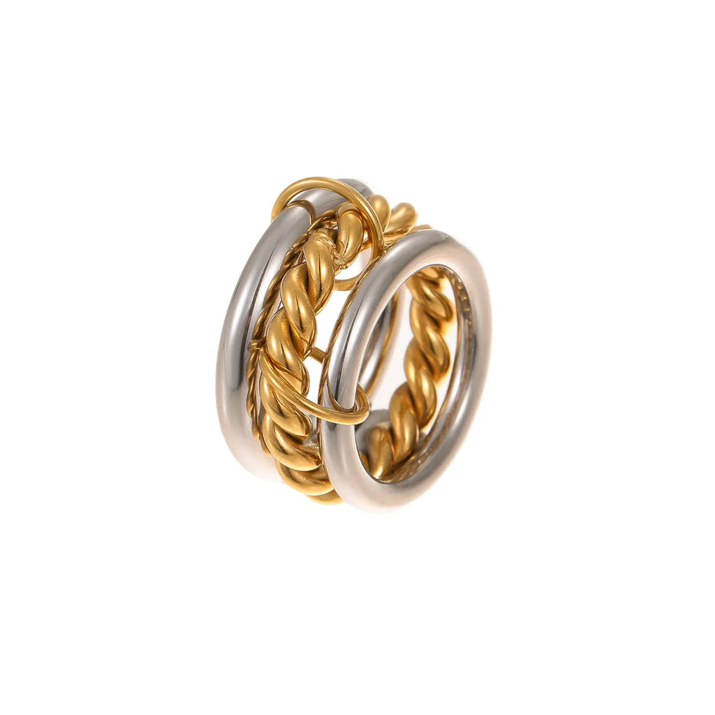 Stacked stainless steel rings with 18K gold plating in colour matching design