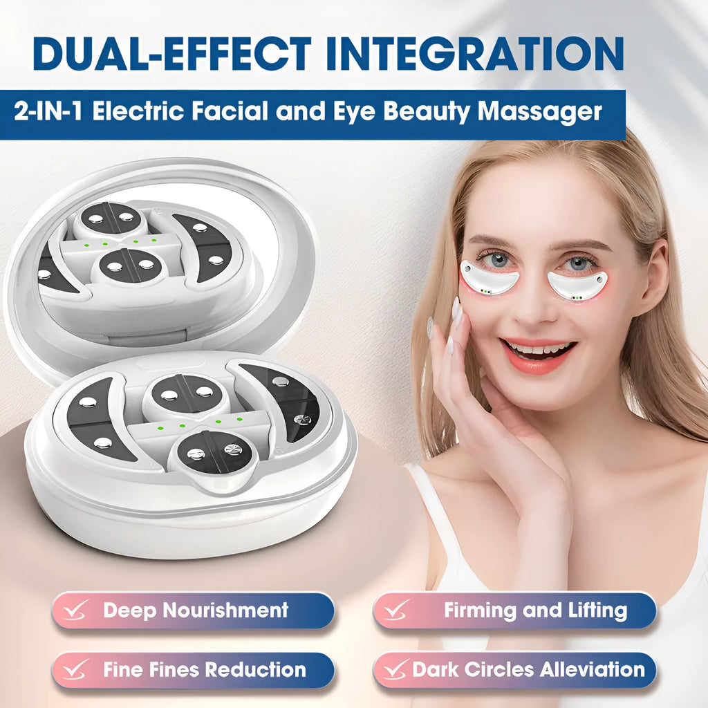 White wireless red light EMS facial and eye massager device on a table