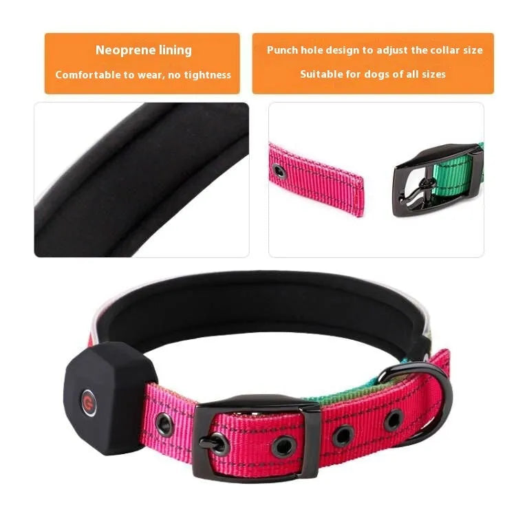 Blue and green plaid LED luminous dog collar with reflective stripe and USB charging, on a white background