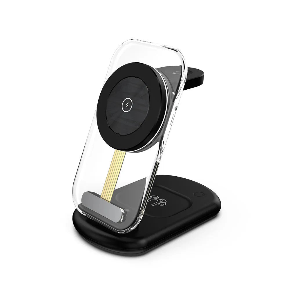 Transparent folding three-in-one magnetic wireless charger showing internal electronic components