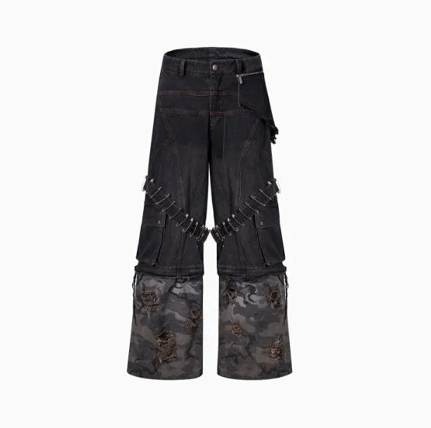 Men's grey camouflage splicing jeans with pin and ribbon details on cotton fabric