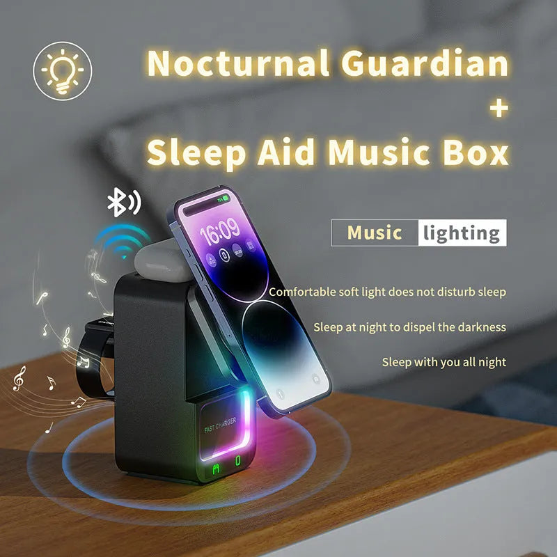 White Bluetooth speaker with wireless charging station showing magnetic attachment area for smartphones