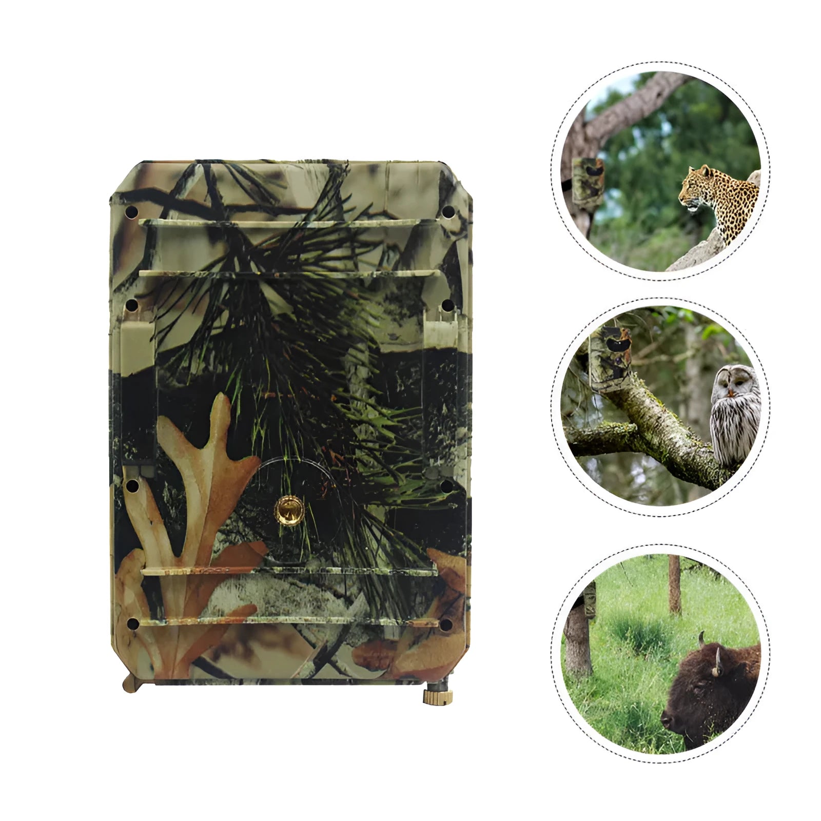 Yellow brown plastic 16MP hunting game camera with infrared LEDs and wide-angle lens.