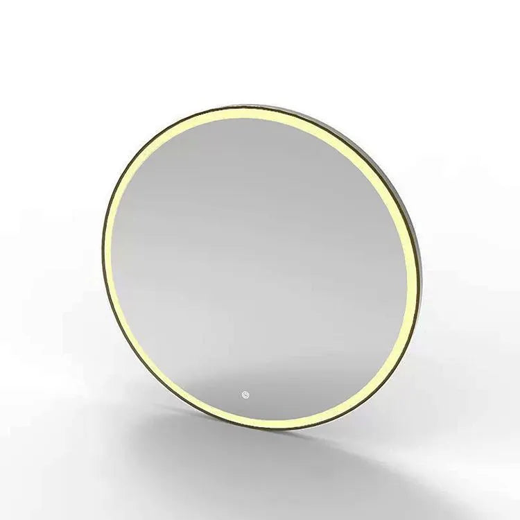 Round black aluminium frame LED bathroom mirror with touch control dimming lights.