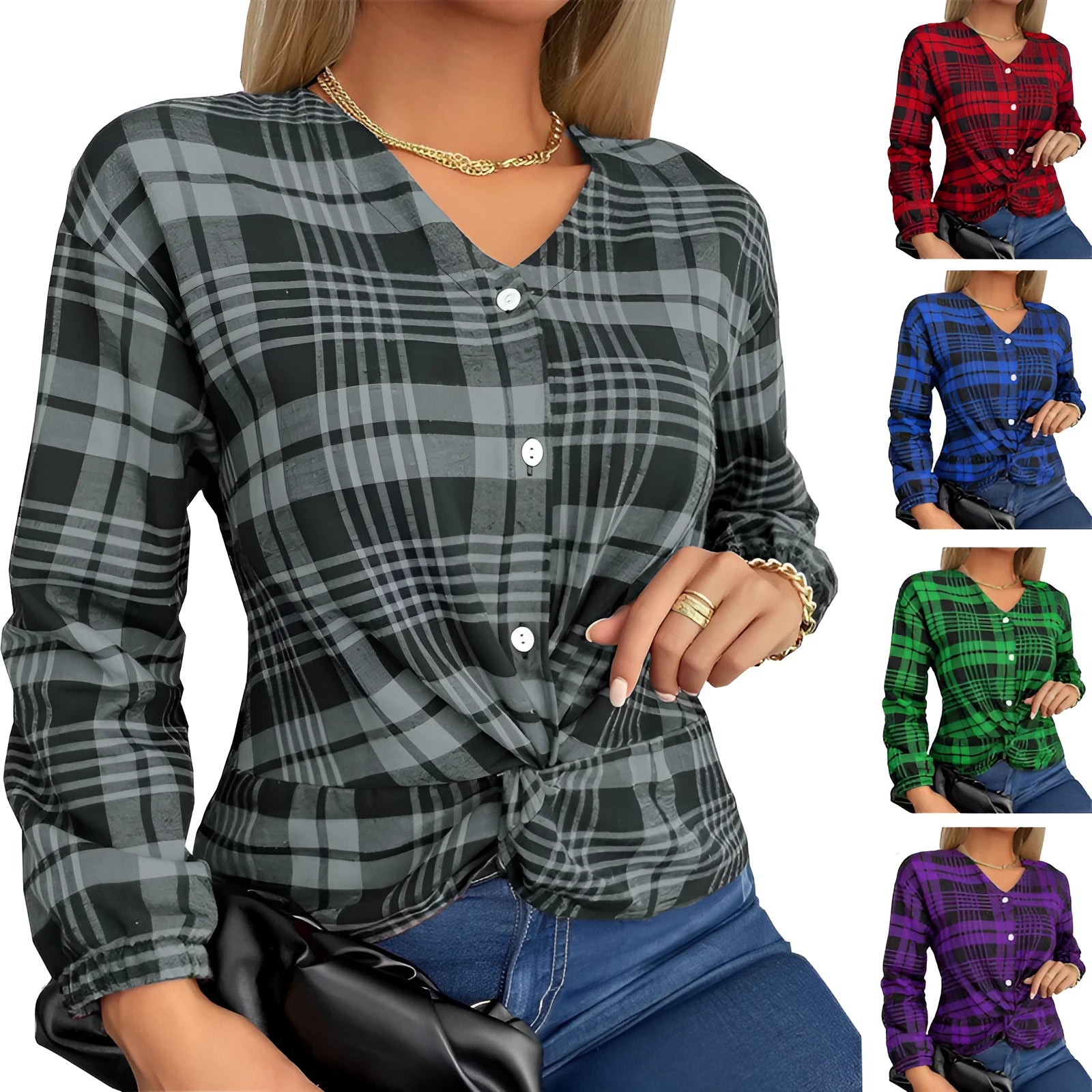 Women's loose-fit purple plaid casual shirt with long sleeves on a hanger.