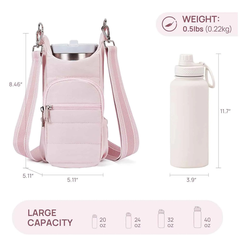 Bicycle water bottle bag in black, pink or beige colours with cloth construction and handlebar mount