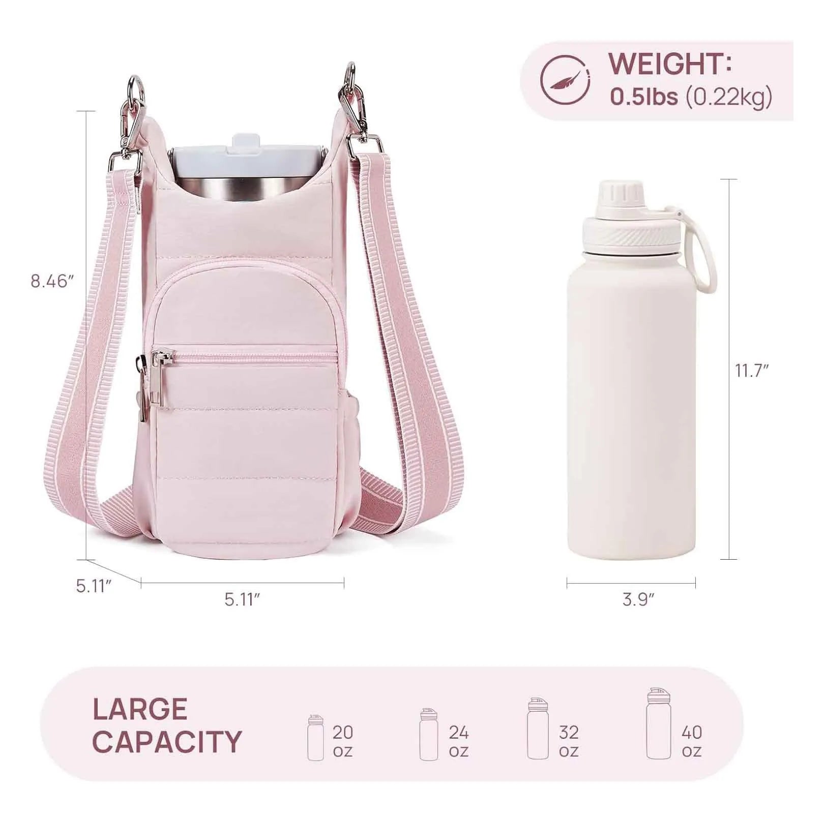 Bicycle water bottle bag in black, pink or beige colours with cloth construction and handlebar mount