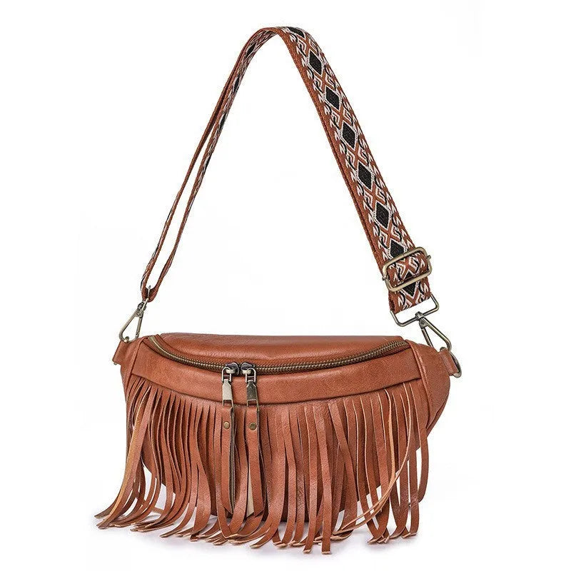 PU leather messenger bag with tassel and pleated chest design, available in multiple colours, on a plain background.