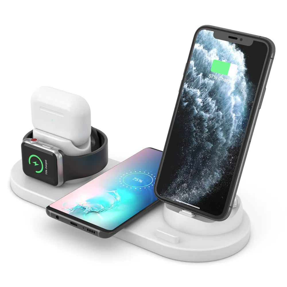 Multifunctional 6-in-1 wireless charging mobile phone holder in black with phone, AirPods and iWatch docked