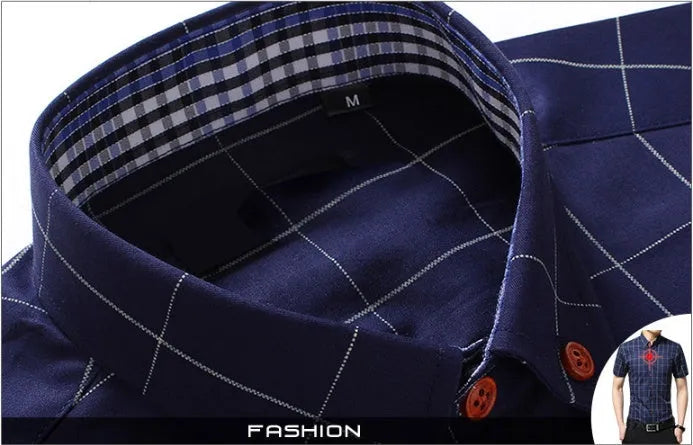 Men's red plaid short sleeve slim fit shirt with cotton blend fabric on a hanger