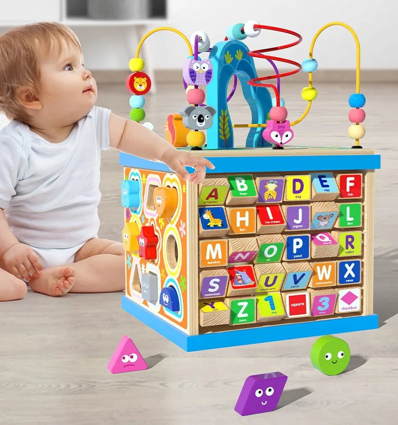 Baby wooden bead treasure box blue multi-functional scenes on table