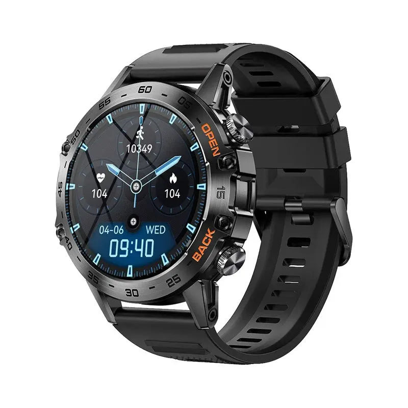 Bluetooth calling smart watch outdoor with IPS screen, heart rate monitor, and black glue strap