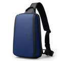 Blue Oxford cloth chest messenger bag with double shoulder straps showing soft handle and compact dimensions