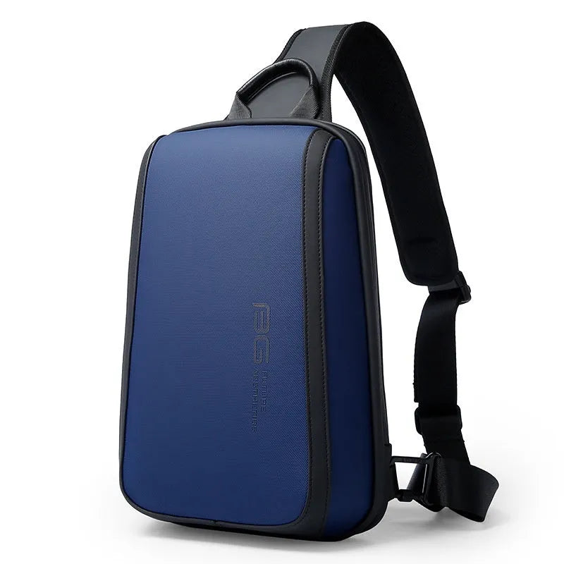 Blue Oxford cloth chest messenger bag with double shoulder straps showing soft handle and compact dimensions