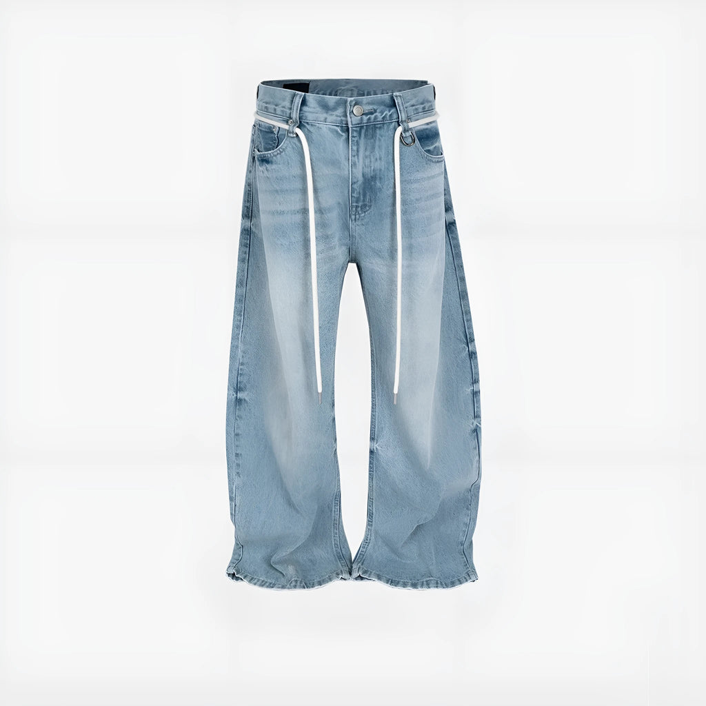 Blue retro washed straight-leg denim trousers with drawstring belt and zipper fly on a model