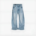 Blue retro washed straight-leg denim trousers with drawstring belt and zipper fly on a model