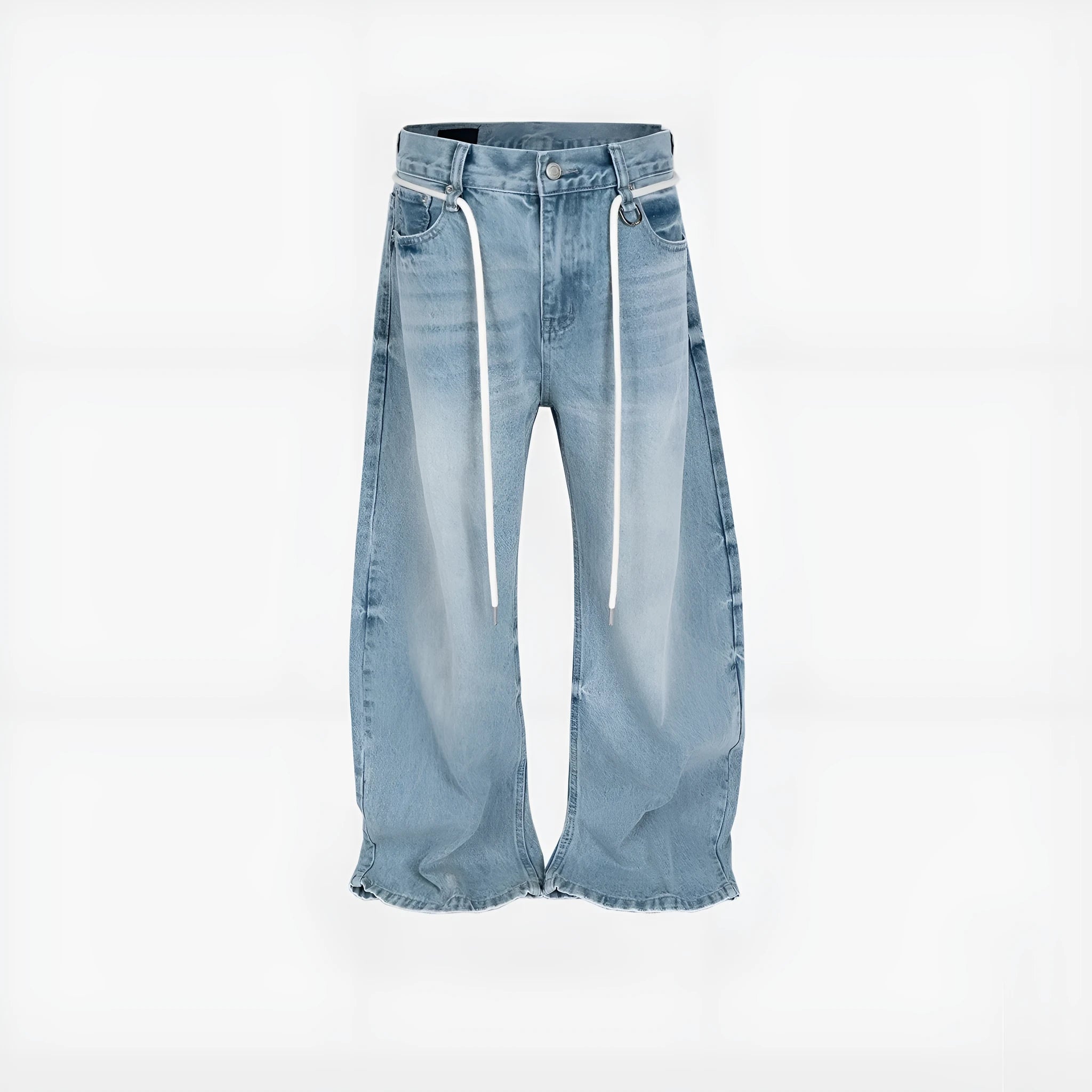 Blue retro washed straight-leg denim trousers with drawstring belt and zipper fly on a model