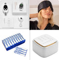 White sleep aid device with handheld remote control showing intensity adjustment buttons and USB charging port