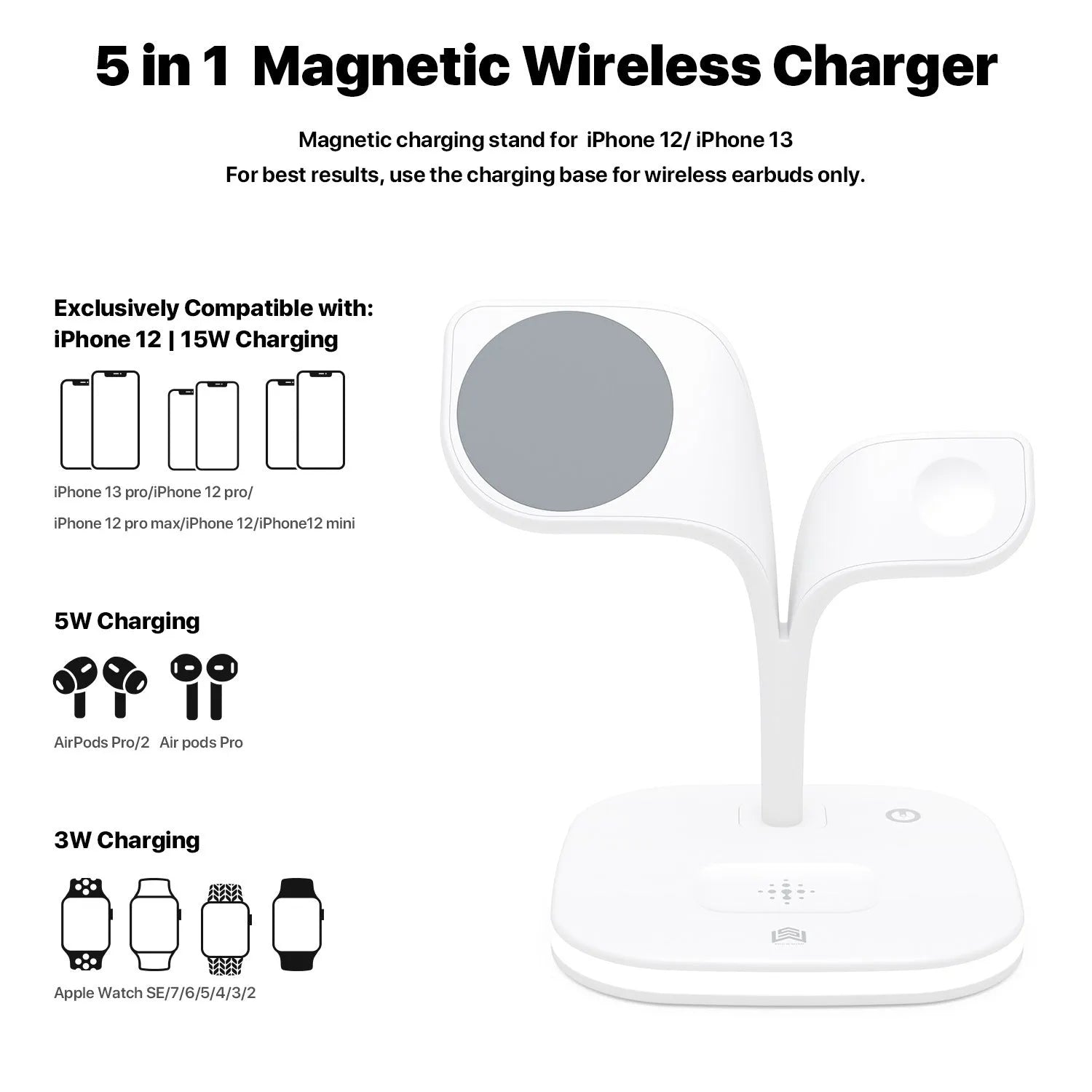 Black desktop wireless charging stand holding a mobile phone, a smartwatch, and wireless headphones.