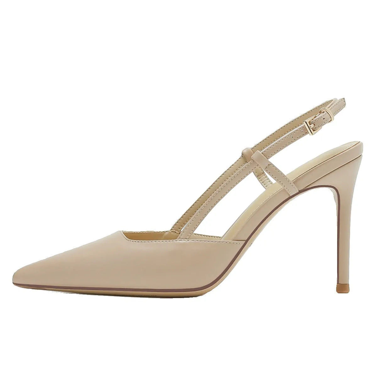 Women's one-line buckle toe high-heeled sandals in apricot with rubber sole and thin belt buckle detail