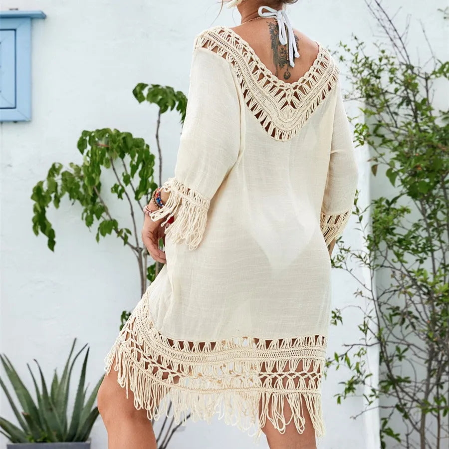 Apricot crochet patchwork beach dress with free size fit and street hipster style