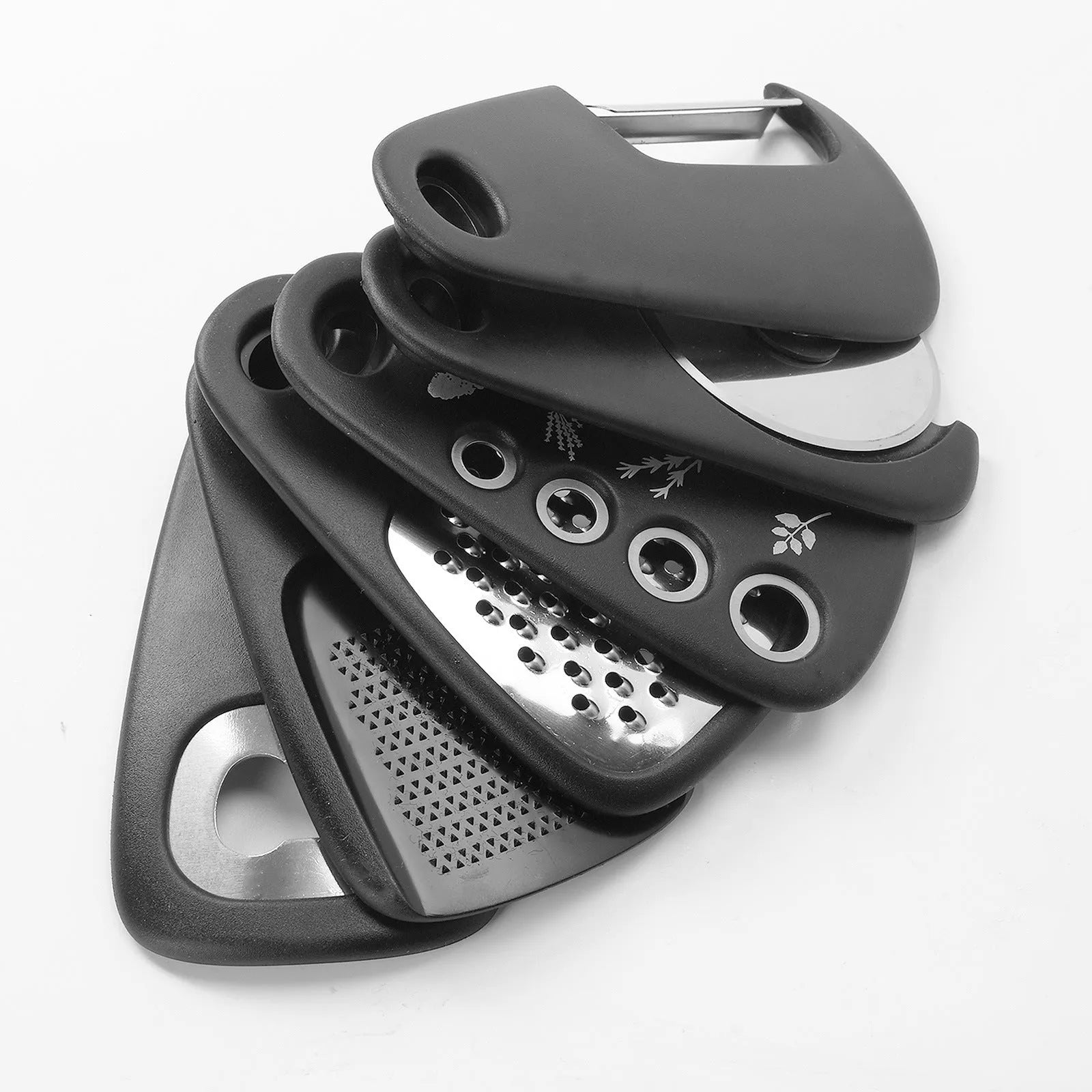 Six stacking kitchen gadgets with stainless steel heads and PP handles stored in a colour box with a brush