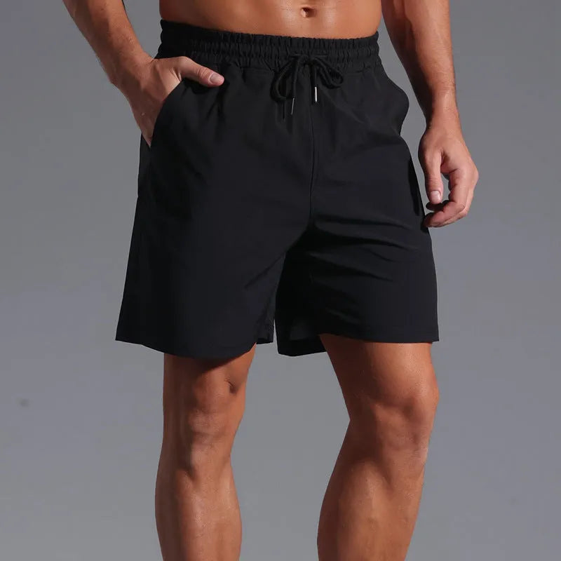 Men's quick-dry casual shorts in khaki, loose straight fit, mid waist, polyester fabric