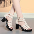 Women's summer hollow-out high heel shoes with rhinestones, buckle fastening, PU upper, in beige, fish mouth toe