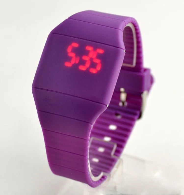 Square digital touch screen watch with colourful plastic case and PU strap