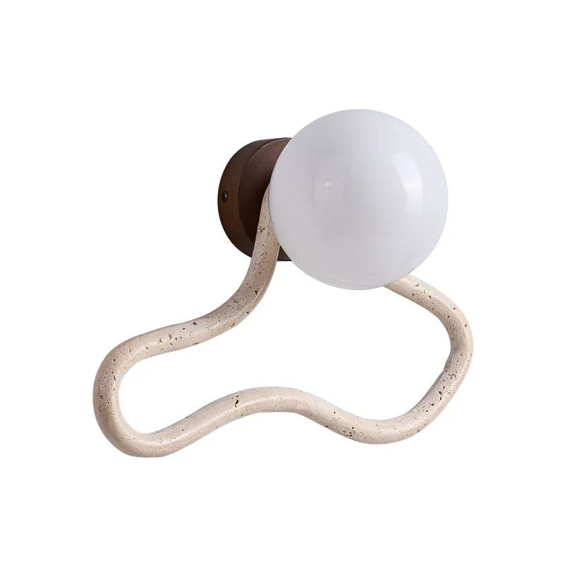 Middle ancient cream style bedroom bedside wall lamp with white travertine glass lampshade and solid wood base, 30cm length