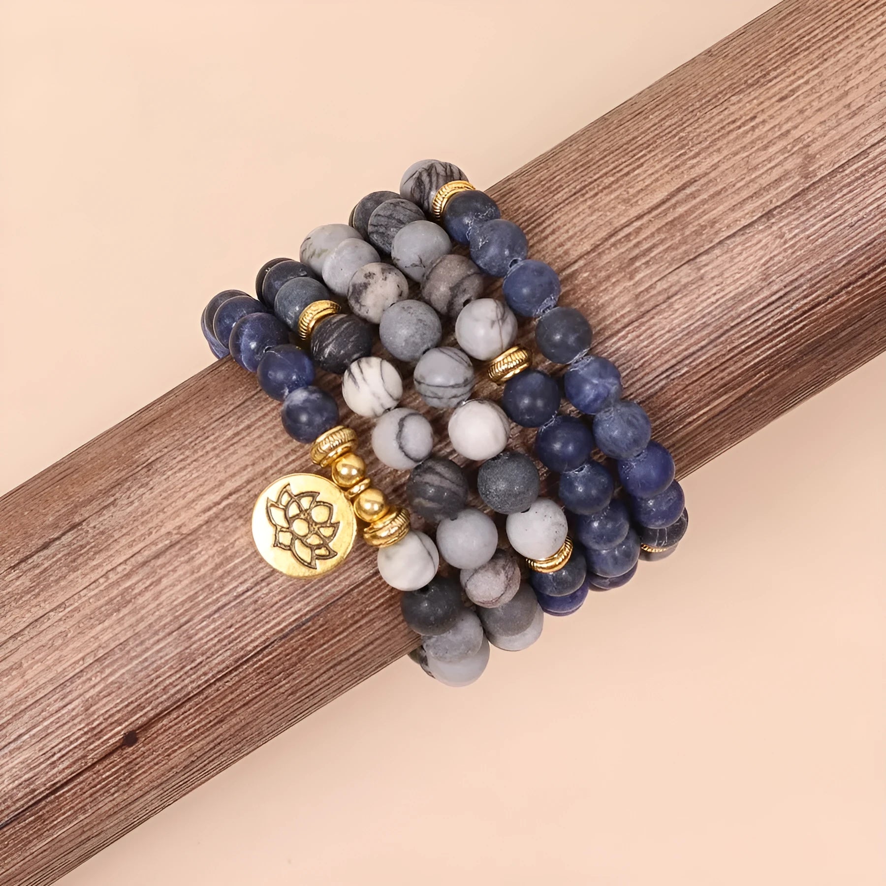 Blue patterned network stone beads on a multi-layer alloy bracelet for women