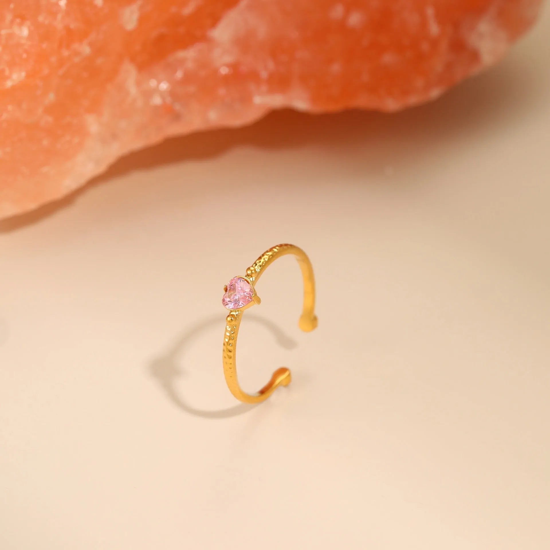 Open-ended stainless steel heart ring with zircon stones in geometric design