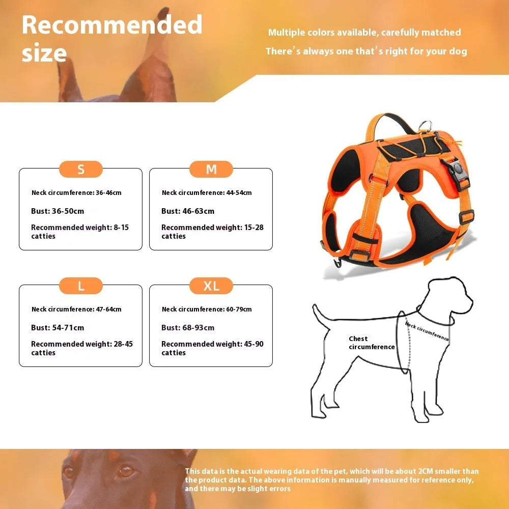 Reflective dog vest harness with explosion-proof breast strap and integrated hand-holding rope in multiple colour options