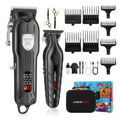 Professional hair clipper set black with LCD display, carbon steel blade, and foil shaver on black background