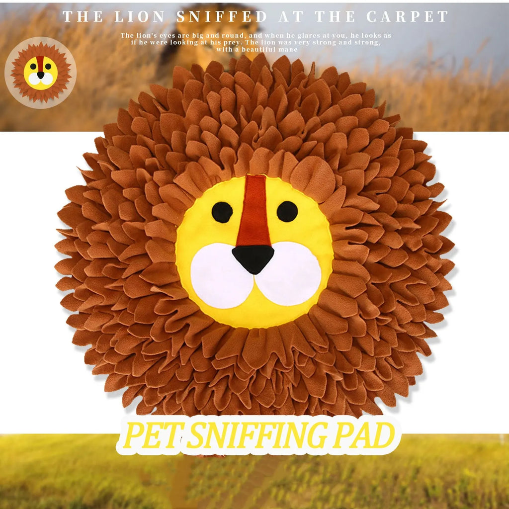 Brown dog snuffle mat with 16 removable fleece strips for hiding treats, measuring 33x25 cm