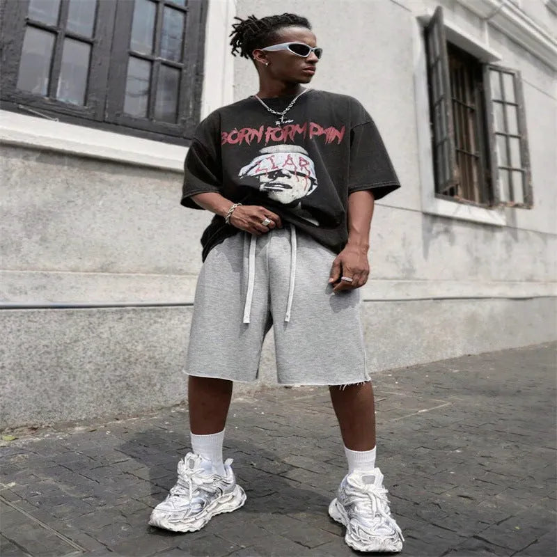 Men's medium long street hip-hop trousers in black, light gray, and green polyester fibre straight leg