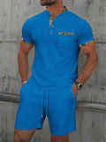 Men's grey cotton blend waffle zip polo short sleeve suit with matching shorts
