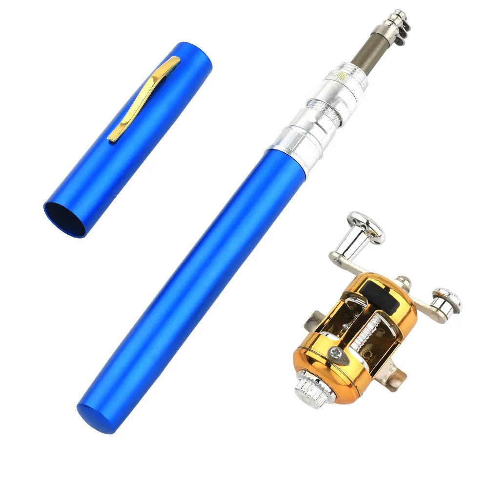 Compact telescopic pen fishing rod and reel kit collapsed to 20.5cm, shown with gold aluminium case.