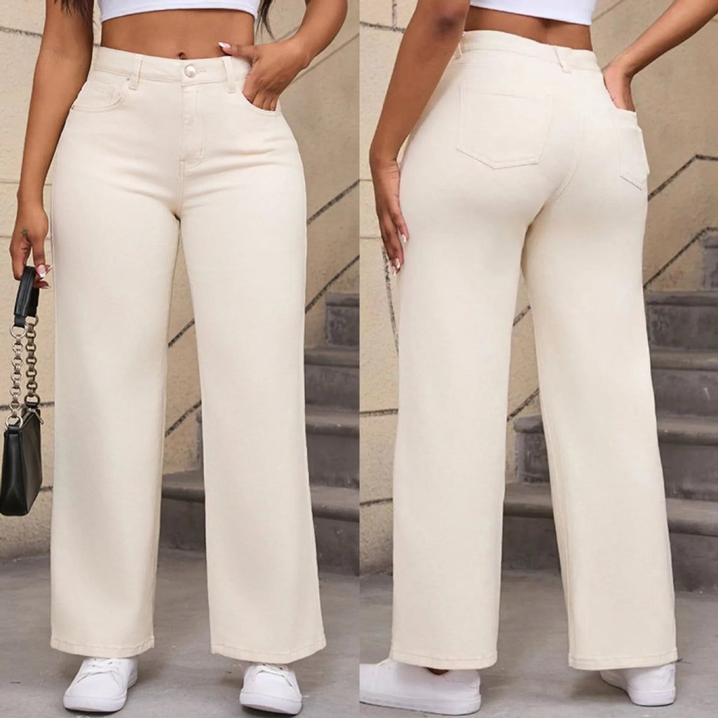 Women's autumn straight leg jeans in apricot colour with wide leg design and high waist