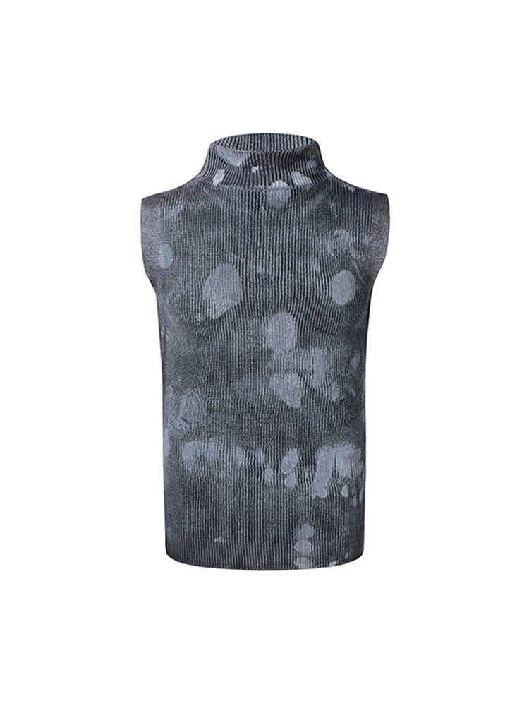 Men's silver pastebrushing wool stretch turtleneck sleeveless vest in black, front view