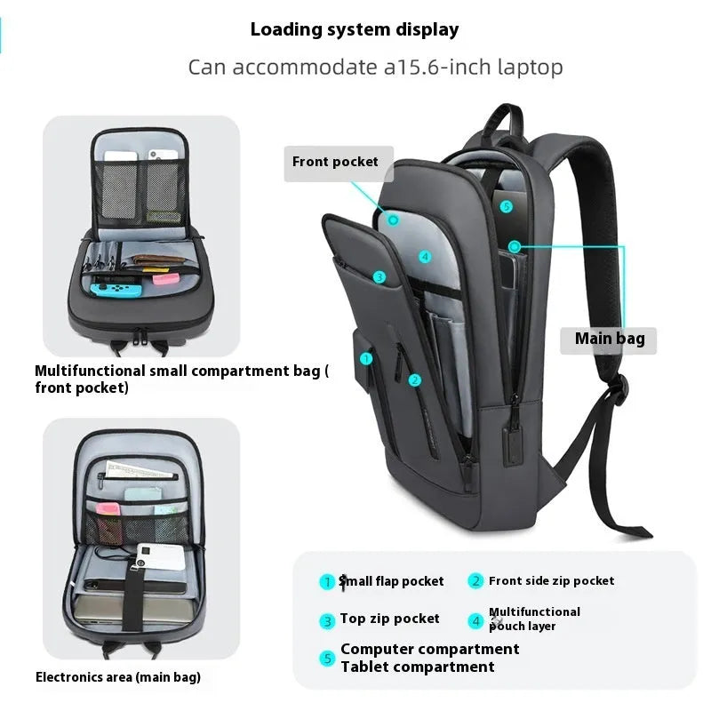 Men's lightweight Oxford cloth backpack in dark grey colour with visible sewing lines