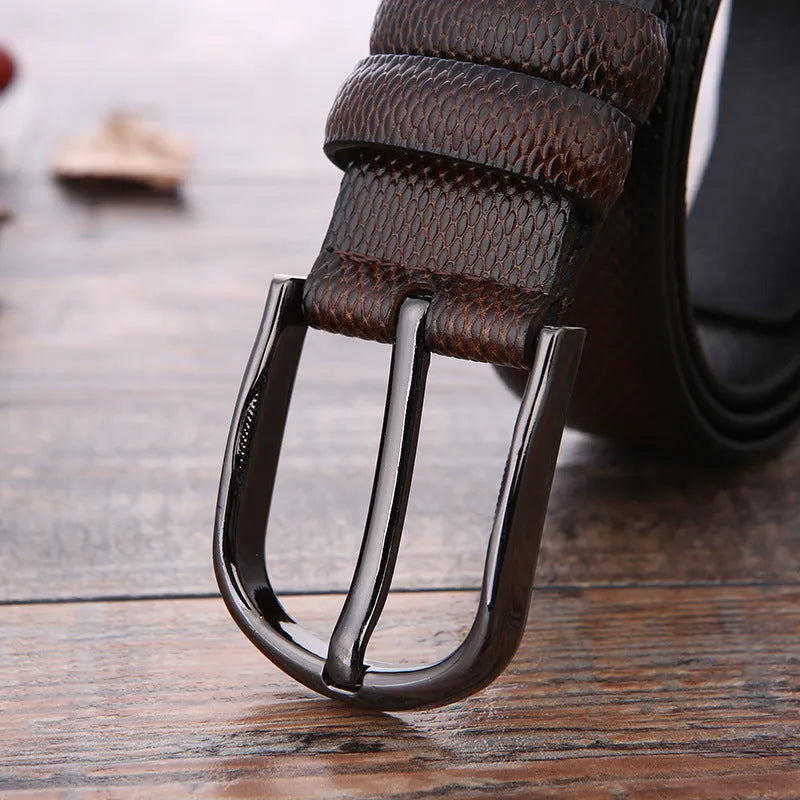 Men's belt with alloy pin buckle, imitation leather strap, elephant pattern black, electroplated finish