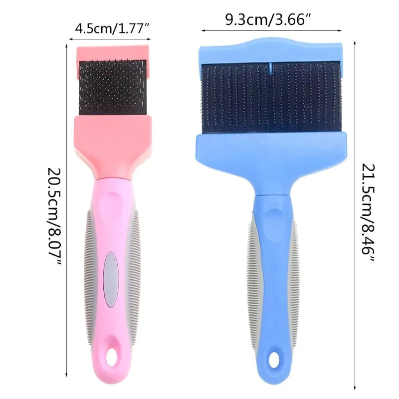Blue double-sided pet brush with stainless steel pins and ergonomic grip on a white background