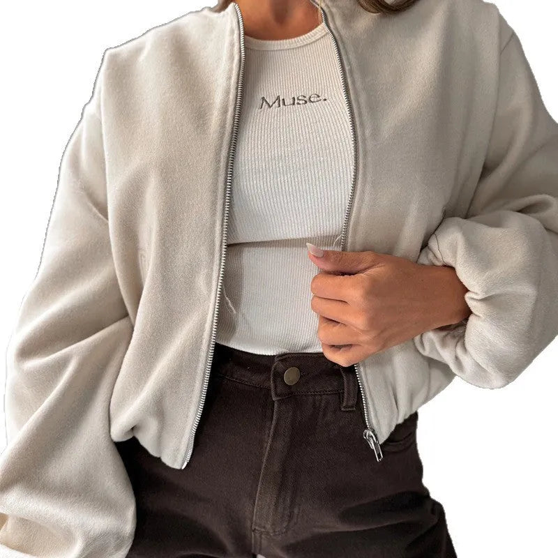 Women's off-shoulder jacket with lantern sleeves in polyester fabric, available in brown or milky white