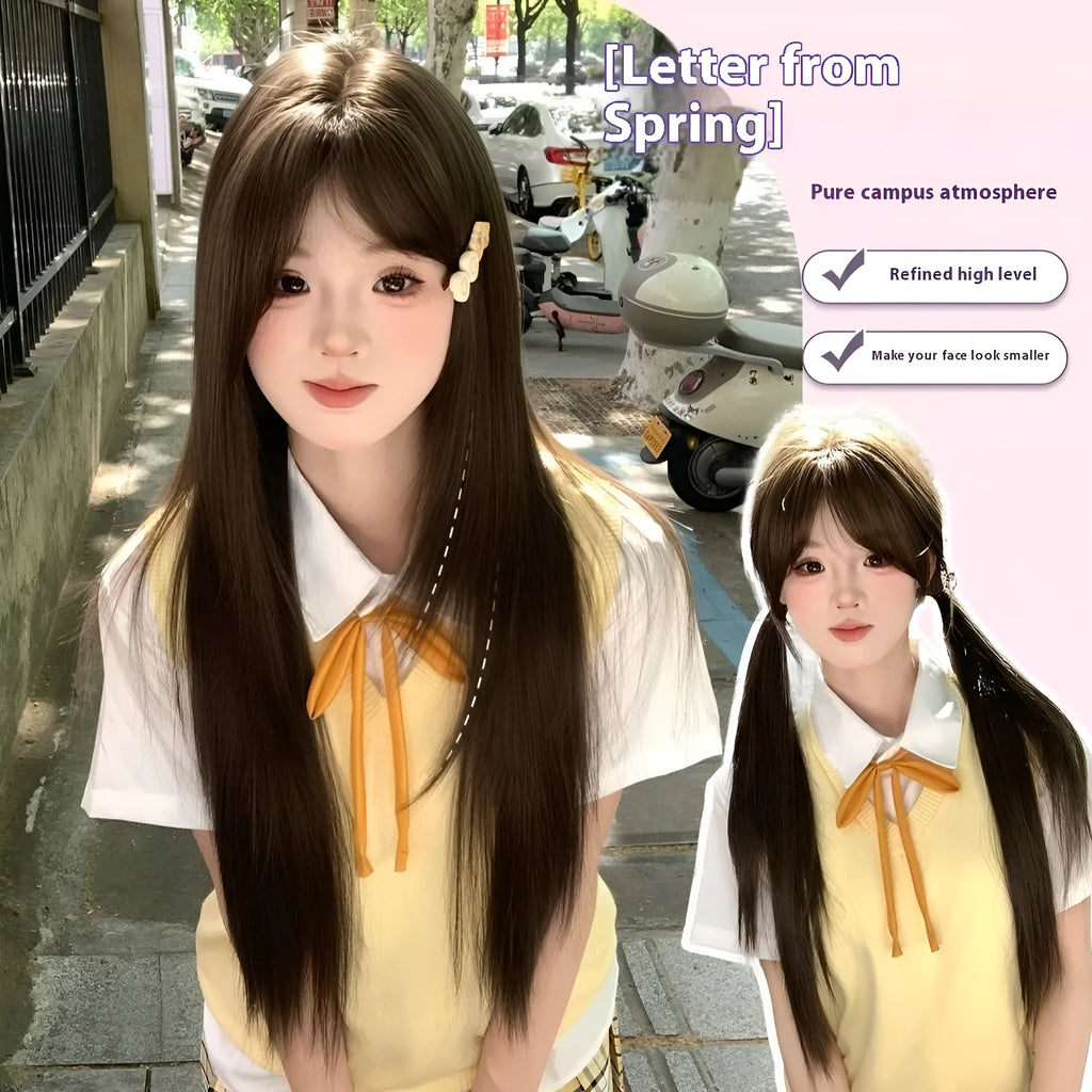 High temperature fibre long straight hair full-head wig with side bangs in cold brown colour
