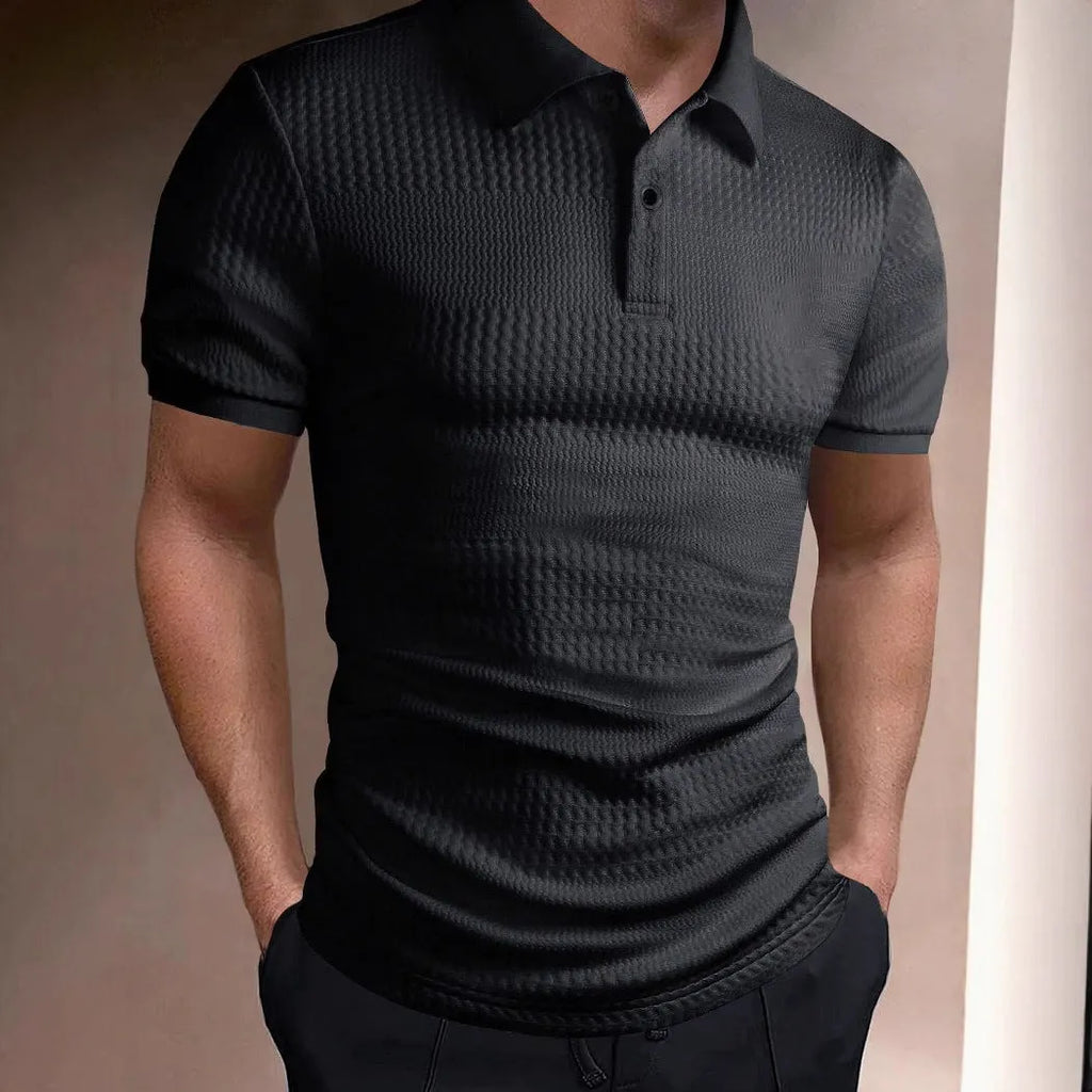 American striped men's polo shirt in loose fit, short sleeves, available in five colours including khaki and navy blue