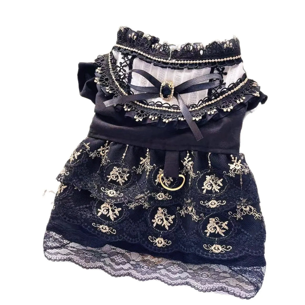 Golden gothic princess-style skirt for a small dog or cat on a mannequin.